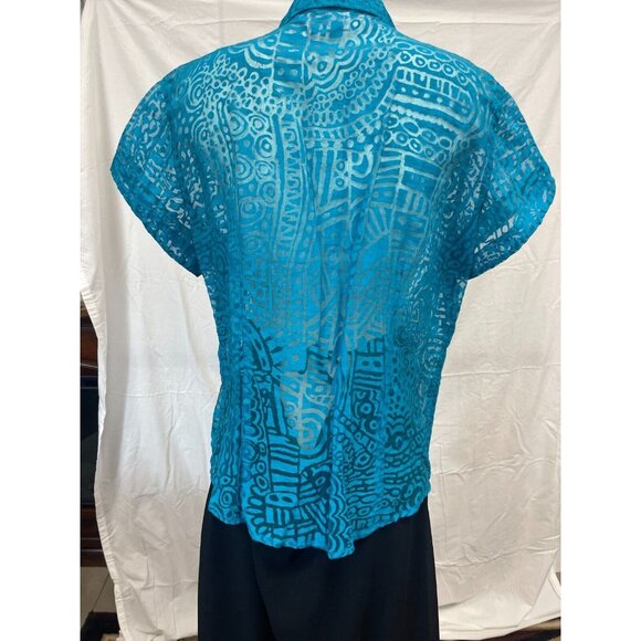 Chicos Womens Sheer Teal Abstract Button Up Blouse Size 2 Short Sleeve Pockets - Picture 2 of 8